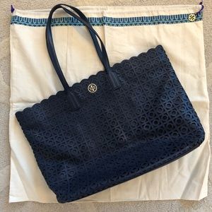 Tory Burch Robinson Laser Cut Leather Tote in Navy